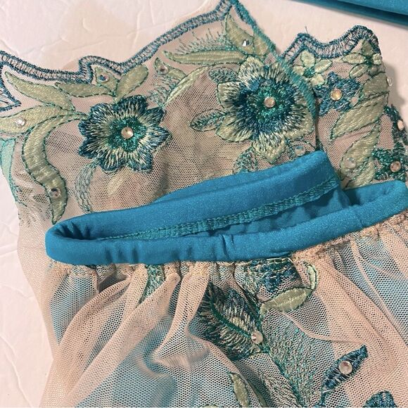 Solo custom dance costume leotard 2 piece teal aqua green rhinestoned MC child - Picture 10 of 16